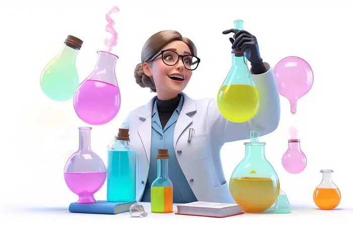 Cartoon Illustration of a 3D Female Chemist Mixing Chemicals in a Laboratory